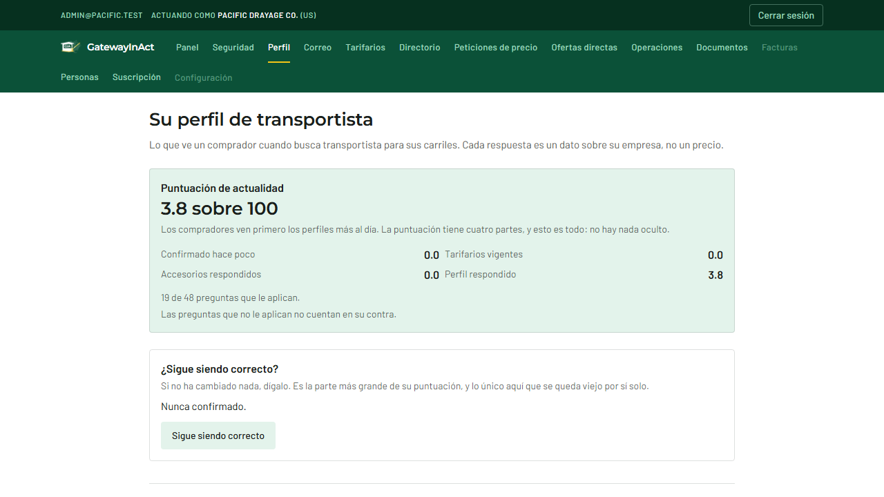 La ficha de un transportista, con su puntuación de actualidad desglosada.